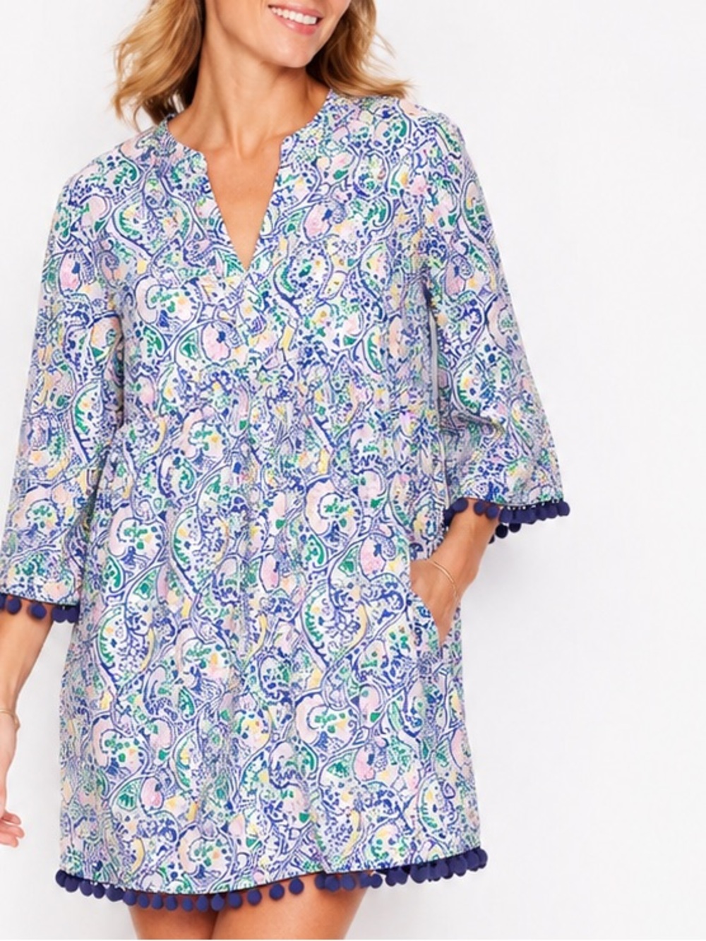 Boden Paisley Cotton Esmeralda Beach Kaftan Pom Pom Trim 3/4 Sleeve Boho 10P
